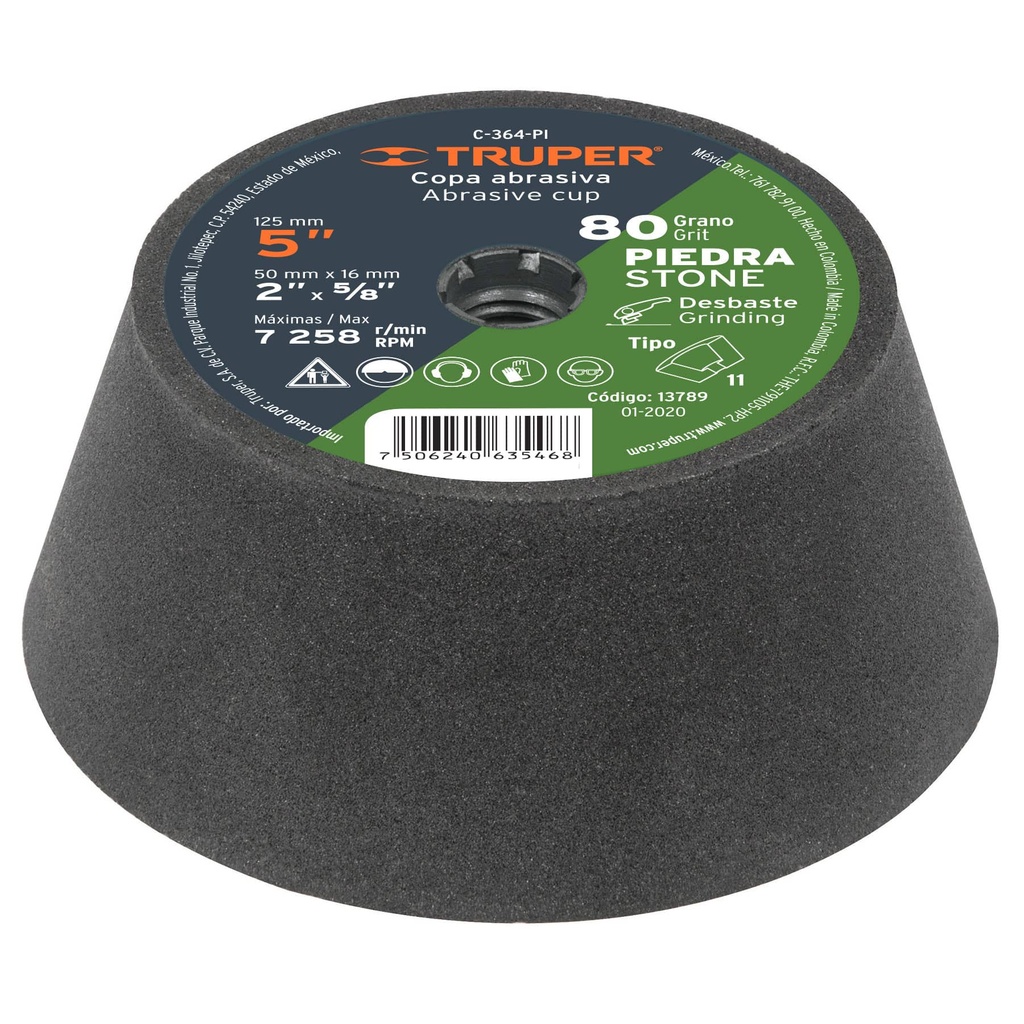 [T13789] Copa desbaste de piedra 5' grano 80, eje 5/8-11, Truper