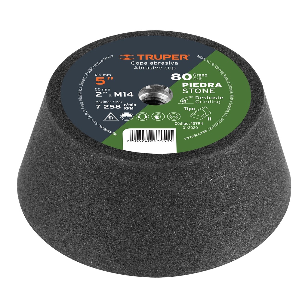 [T13794] Copa desbaste de piedra 5' grano 80, eje M14, Truper