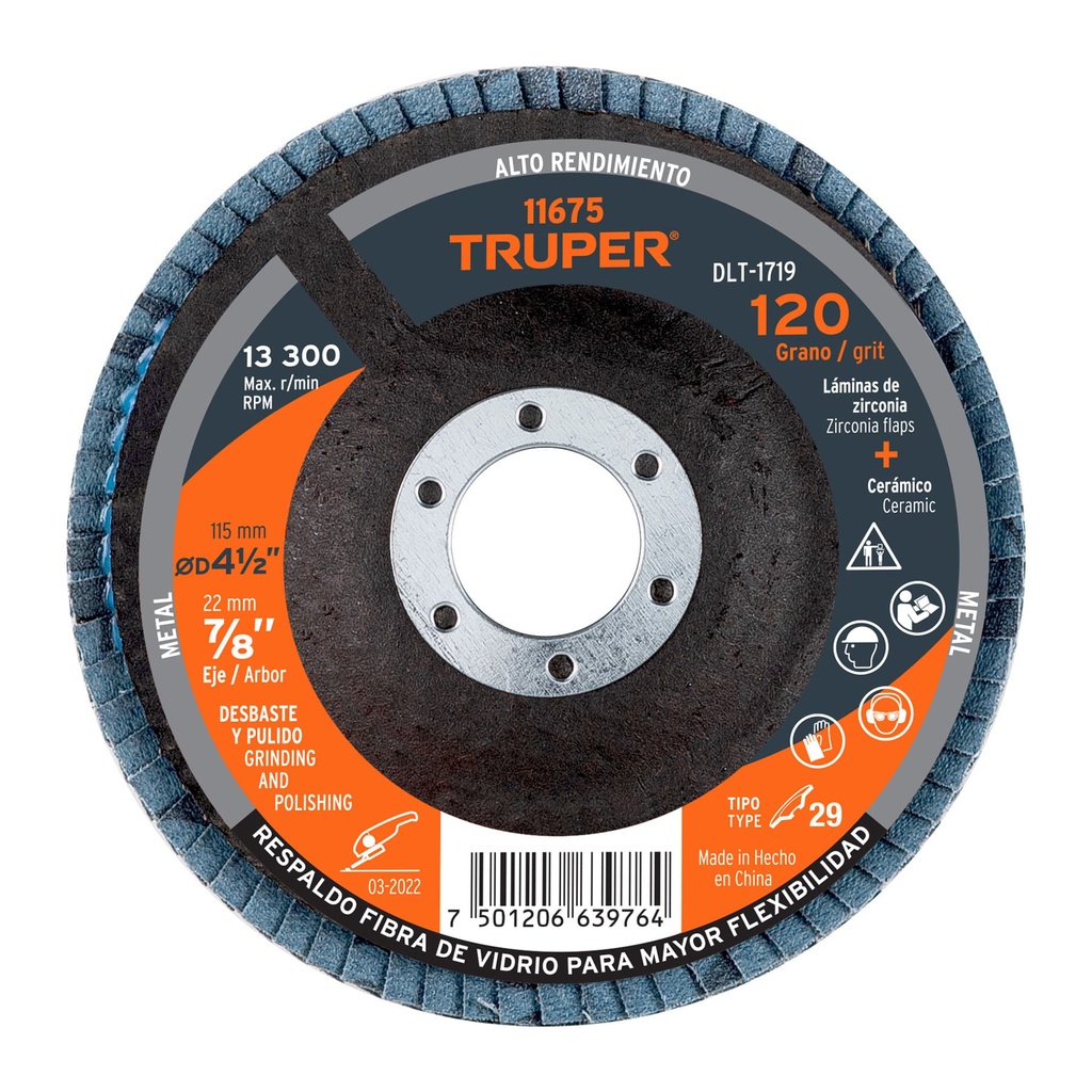 [T11675] Disco 4-1/2' laminado grano 120 centro 7/8', Truper