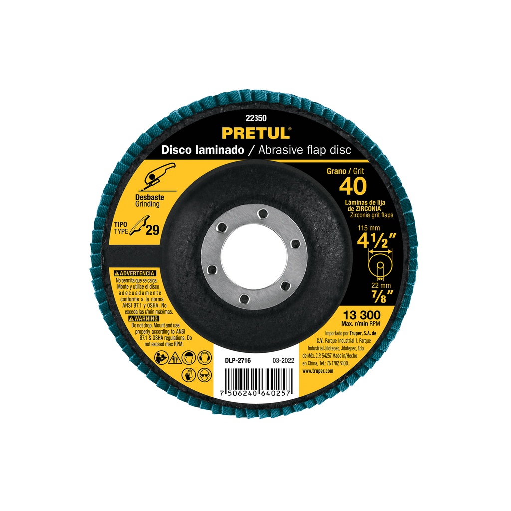 Disco 4-1/2' laminado grano 40 centro 7/8', Pretul