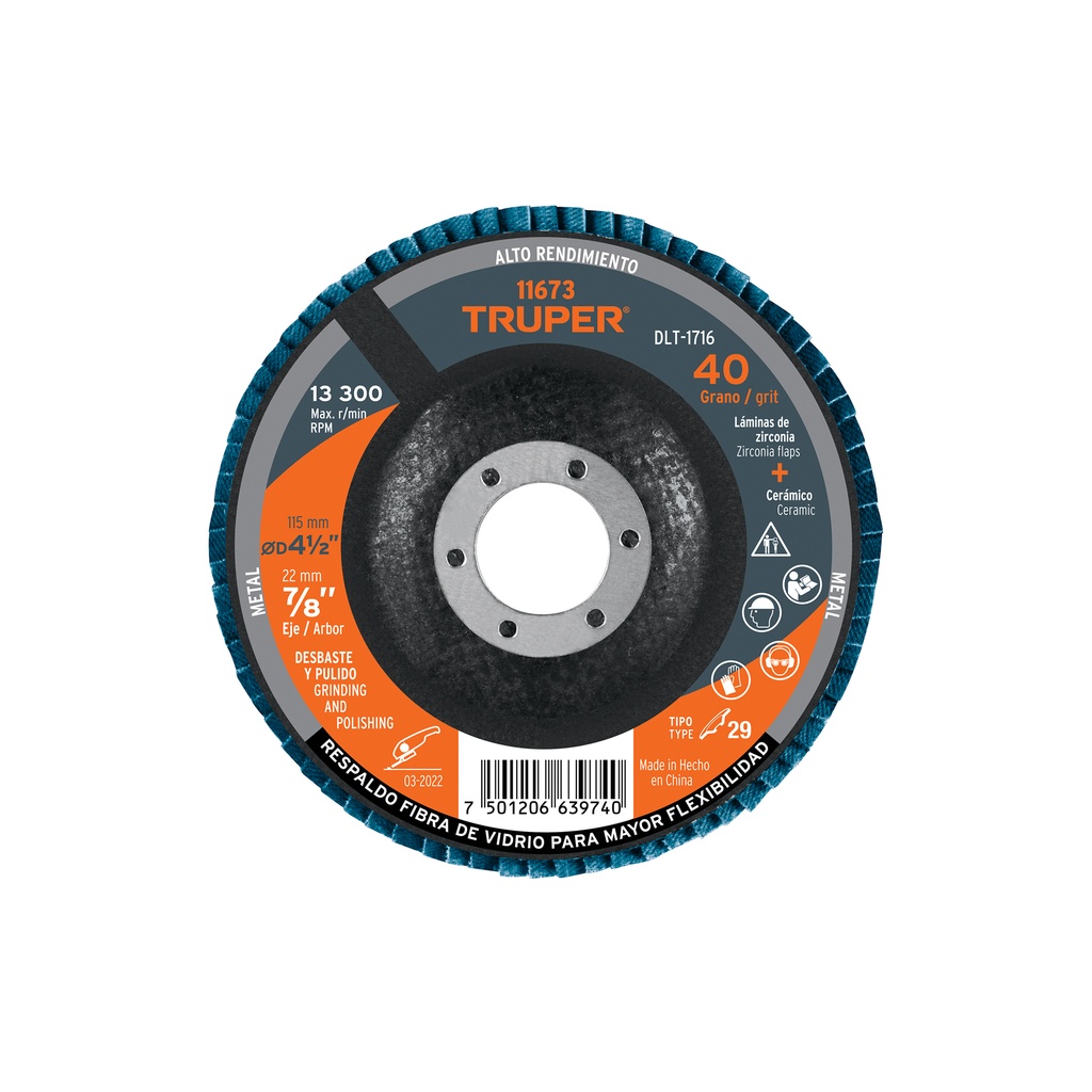 Disco 4-1/2' laminado grano 40 centro 7/8', Truper