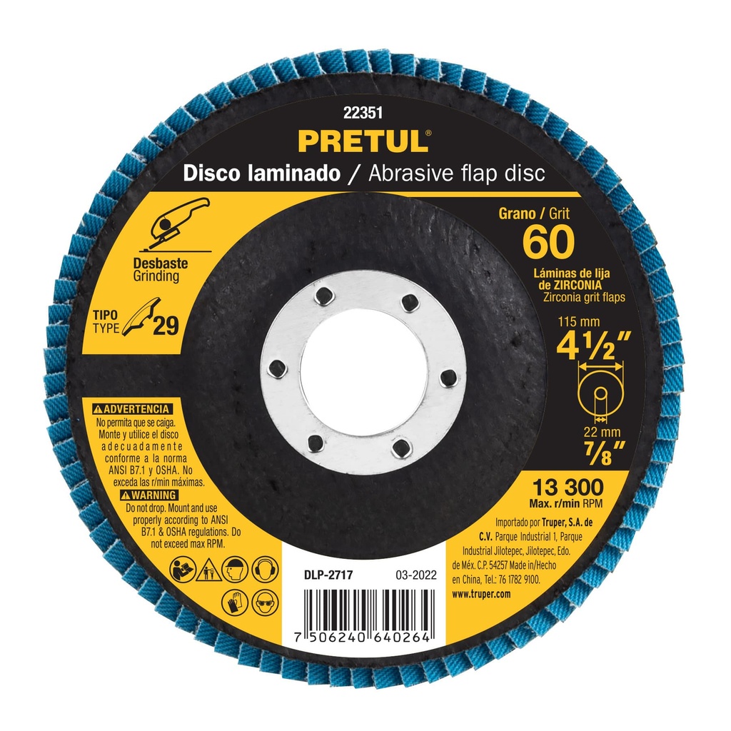 [T22351] Disco 4-1/2' laminado grano 60 centro 7/8', Pretul