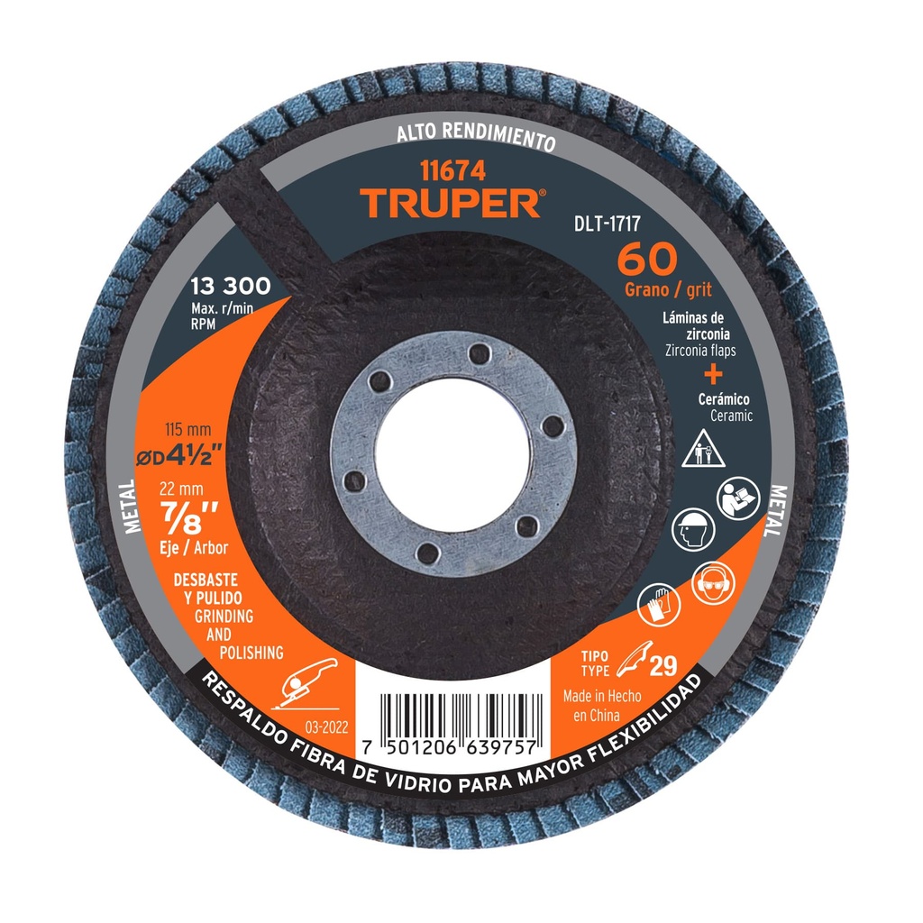 [T11674] Disco 4-1/2' laminado grano 60 centro 7/8', Truper
