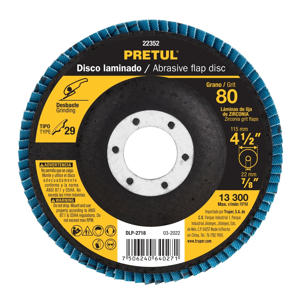[T22352] Disco 4-1/2' laminado grano 80 centro 7/8', Pretul