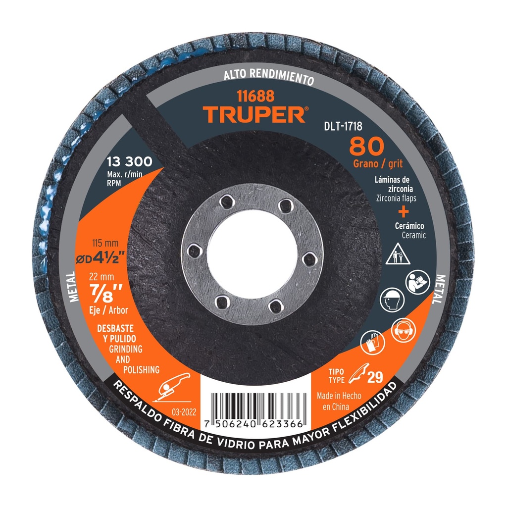 [T11688] Disco 4-1/2' laminado grano 80 centro 7/8', Truper