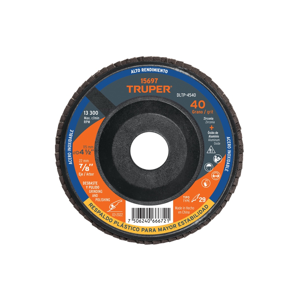 [T15697] Disco 4-1/2' laminado respaldo plástico grano 40 centro 7/8'