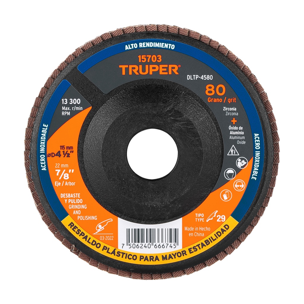 [T15703] Disco 4-1/2' laminado respaldo plástico grano 80 centro 7/8'