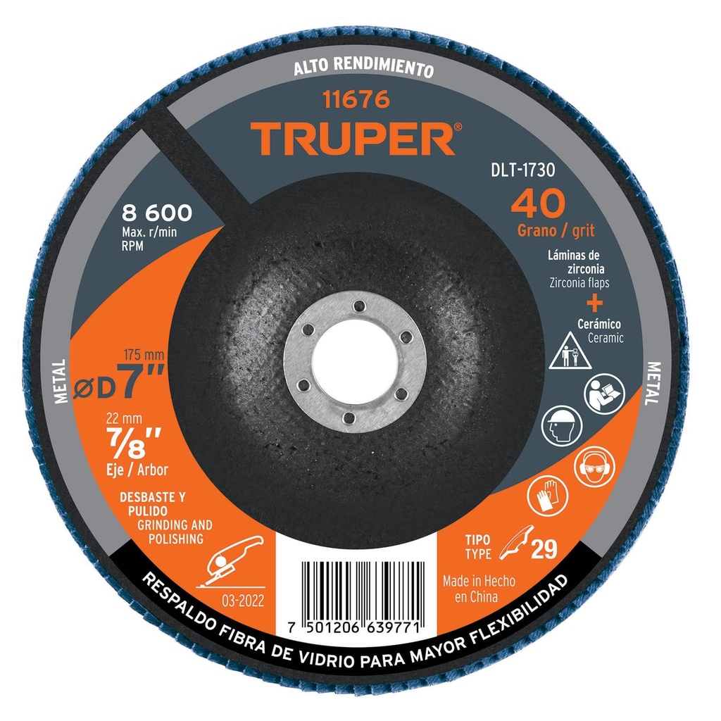 [T11676] Disco 7' laminado grano 40 centro 7/8', Truper