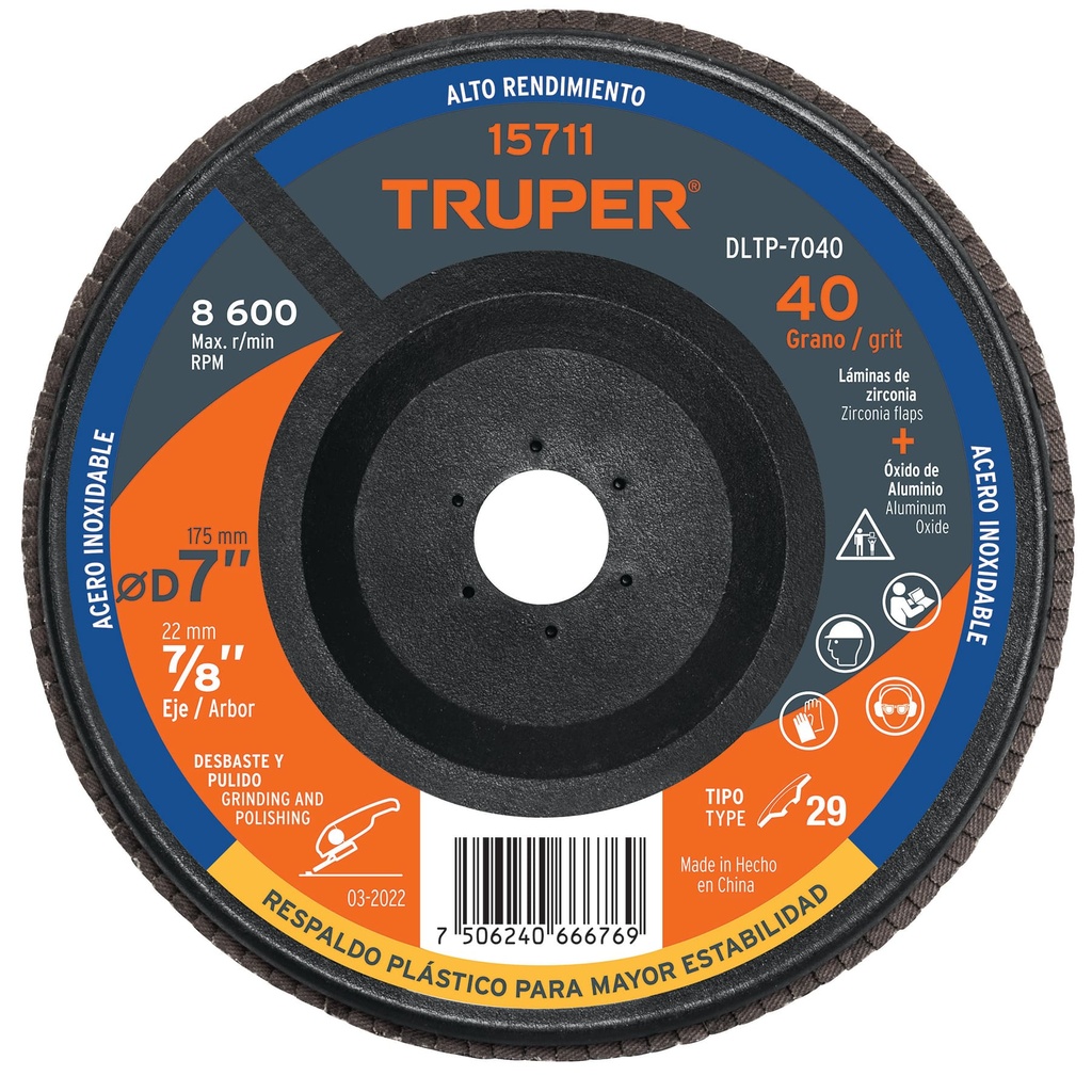 [T15711] Disco 7' laminado respaldo plástico grano 40 centro 7/8'