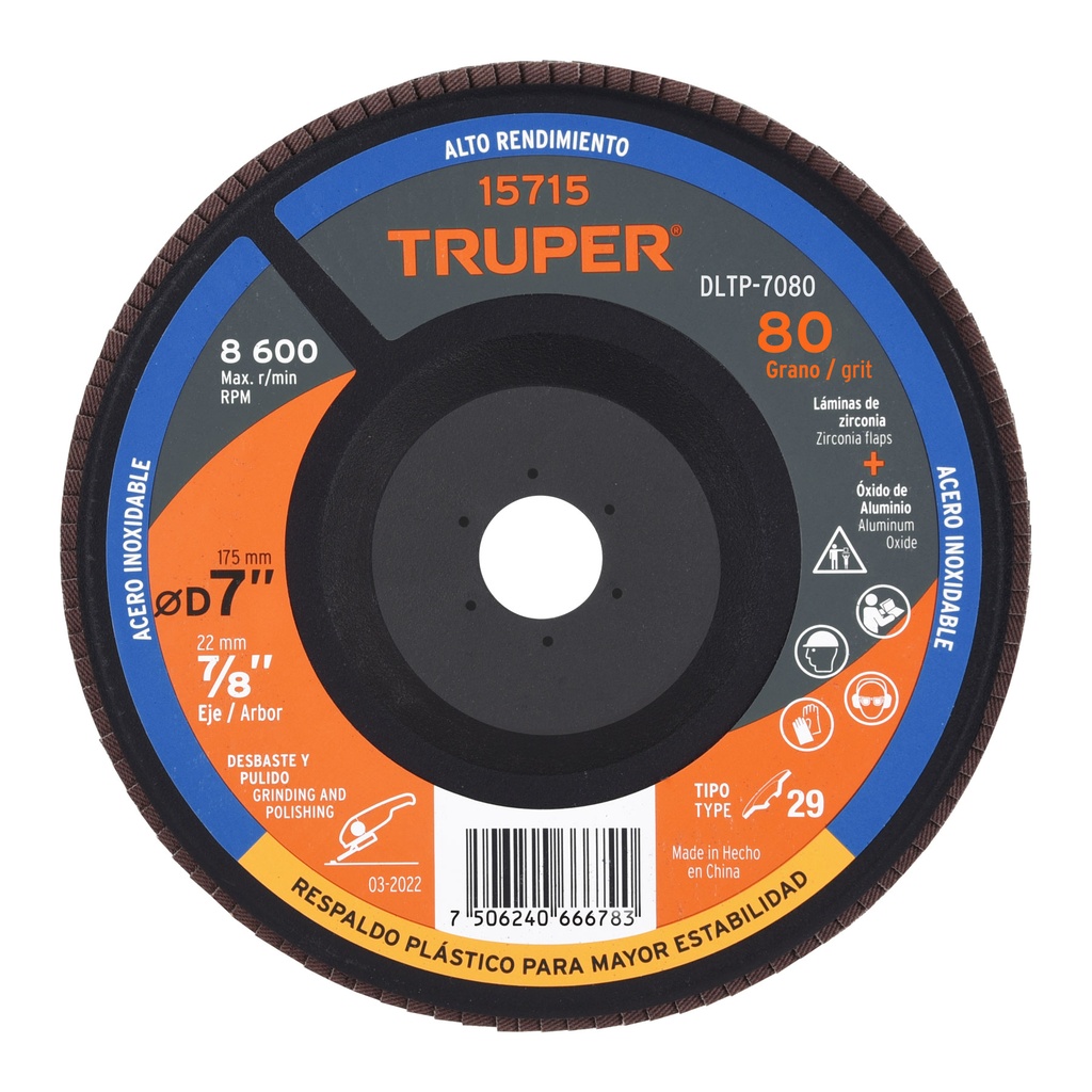 [T15715] Disco 7' laminado respaldo plástico grano 80 centro 7/8'