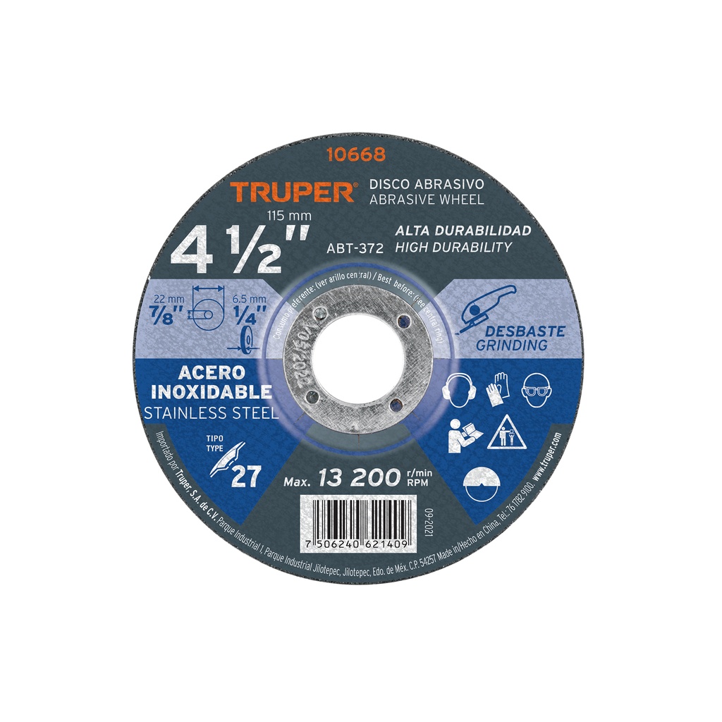 Disco Tipo 27 de 4-1/2' x 6.5 mm desbaste acero inoxidable