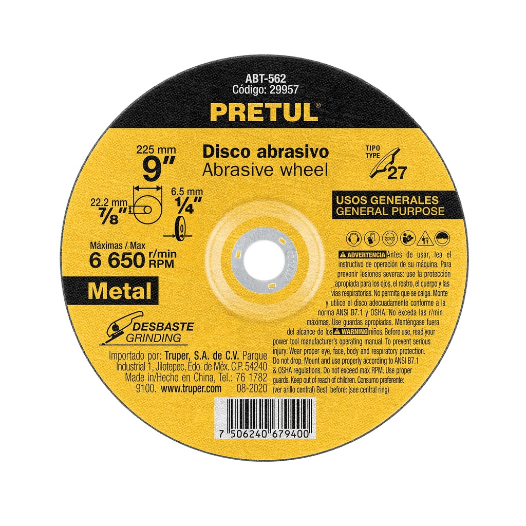 Disco Tipo 27 de 9' x 6.2 mm desbaste de metal, Pretul