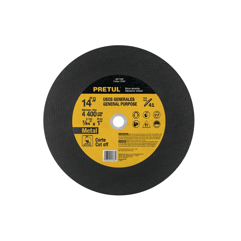 Disco Tipo 41 de 14' x 2.8 mm para corte de metal, Pretul