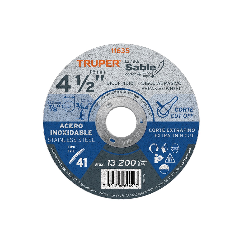 Disco Tipo 41 de 4-1/2' x 1 mm corte fino acero inox, Sable