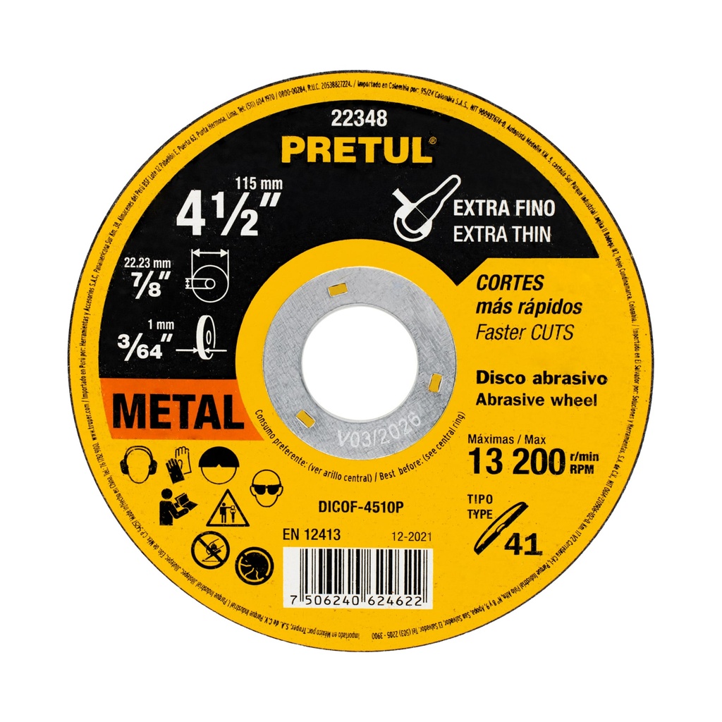 Disco Tipo 41 de 4-1/2' x 1 mm corte fino de metal, Pretul