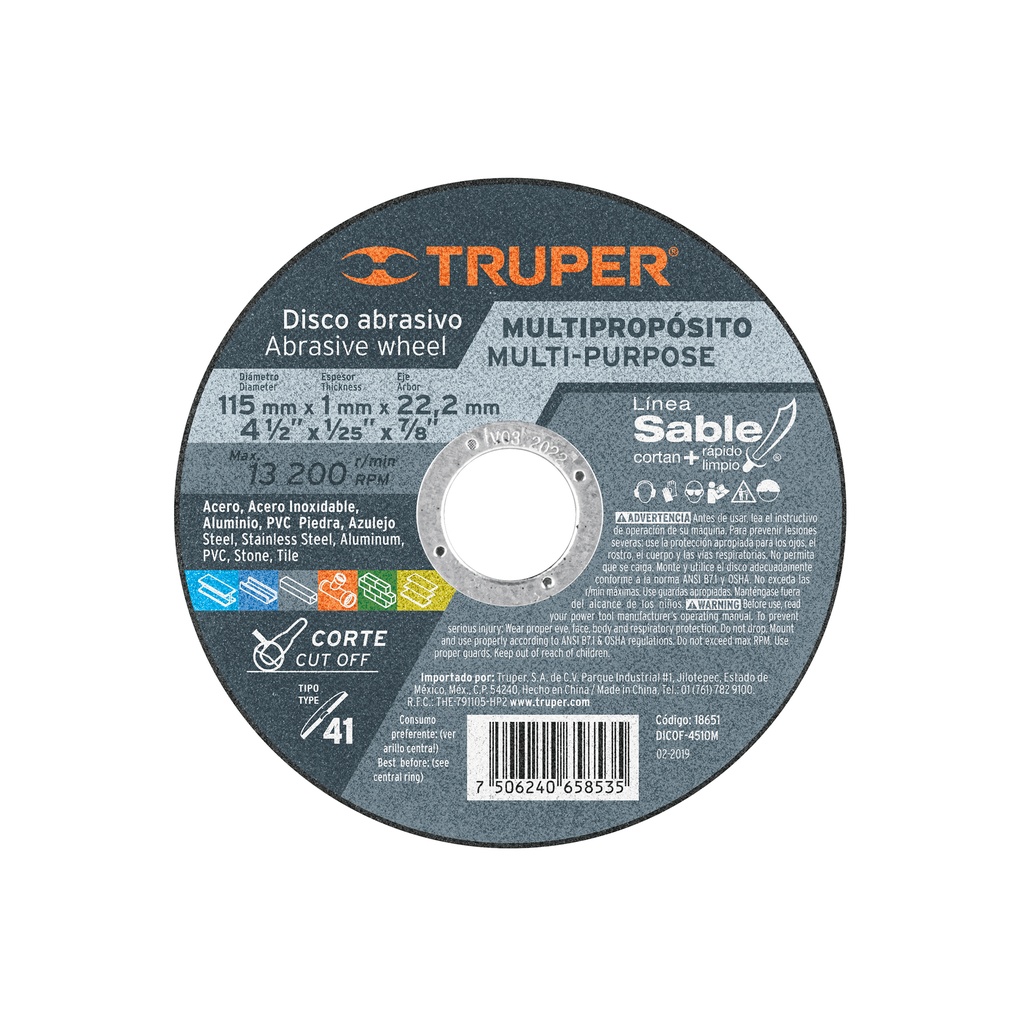 [T18651] Disco Tipo 41 de 4-1/2' x 1 mm corte multimaterial, Sable