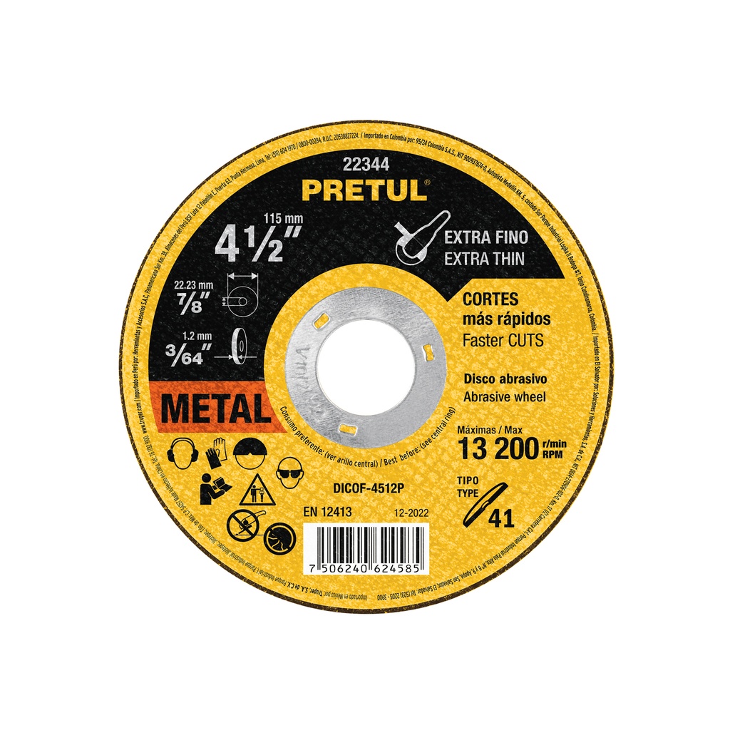 Disco Tipo 41 de 4-1/2' x 1.2 mm corte fino de metal, Pretul