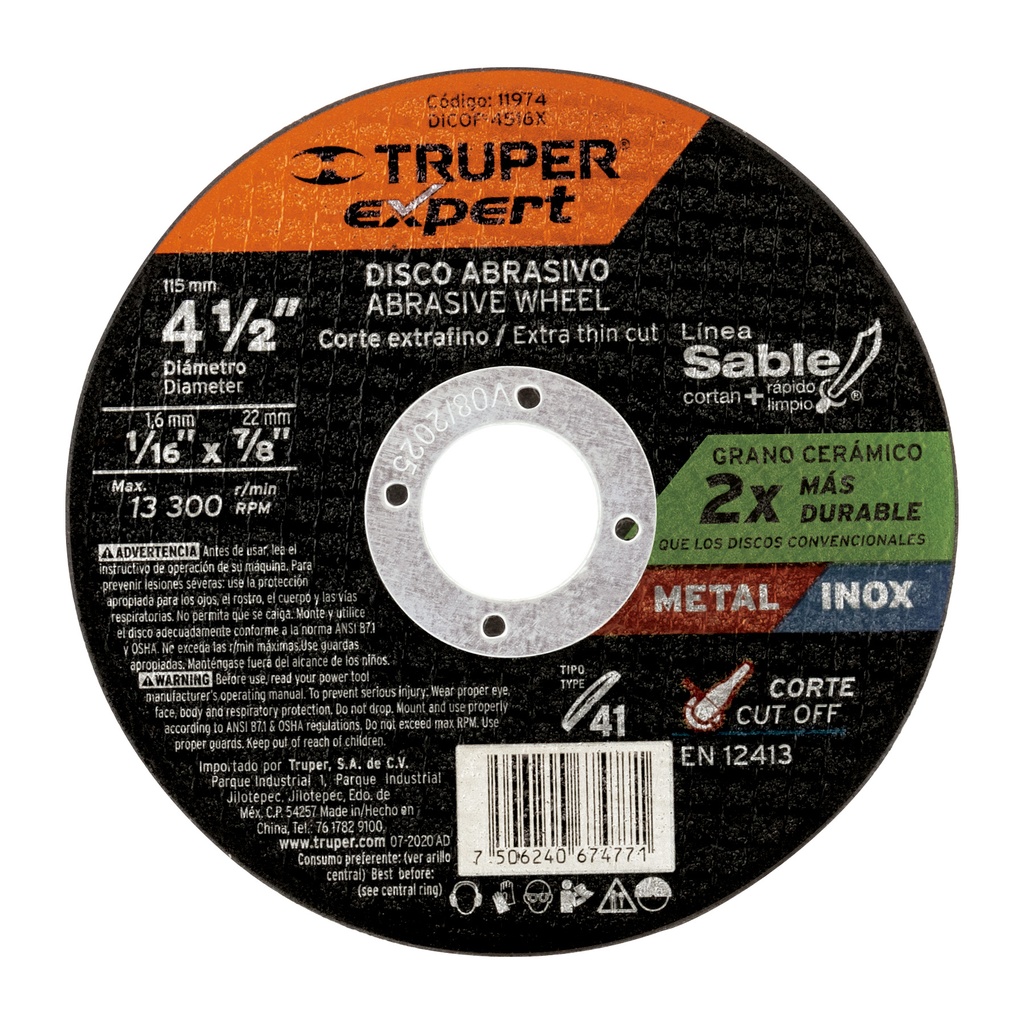 [T11974] Disco Tipo 41 de 4-1/2' x 1.6 mm corte fino de metal, Expert