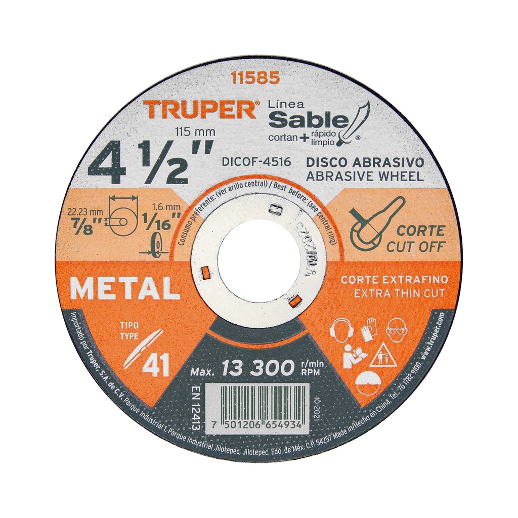 Disco Tipo 41 de 4-1/2' x 1.6 mm corte fino de metal, Sable