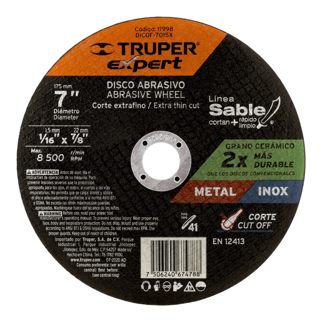 [T11998] Disco Tipo 41 de 7' x 1.5 mm corte fino de metal, Expert