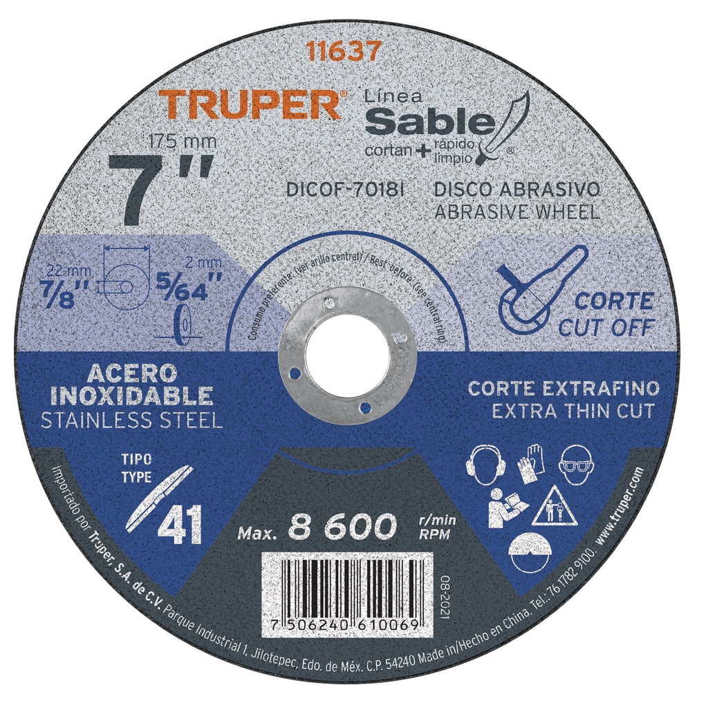 Disco Tipo 41 de 7' x 1.8 mm corte fino acero inox, Sable - Pag 144