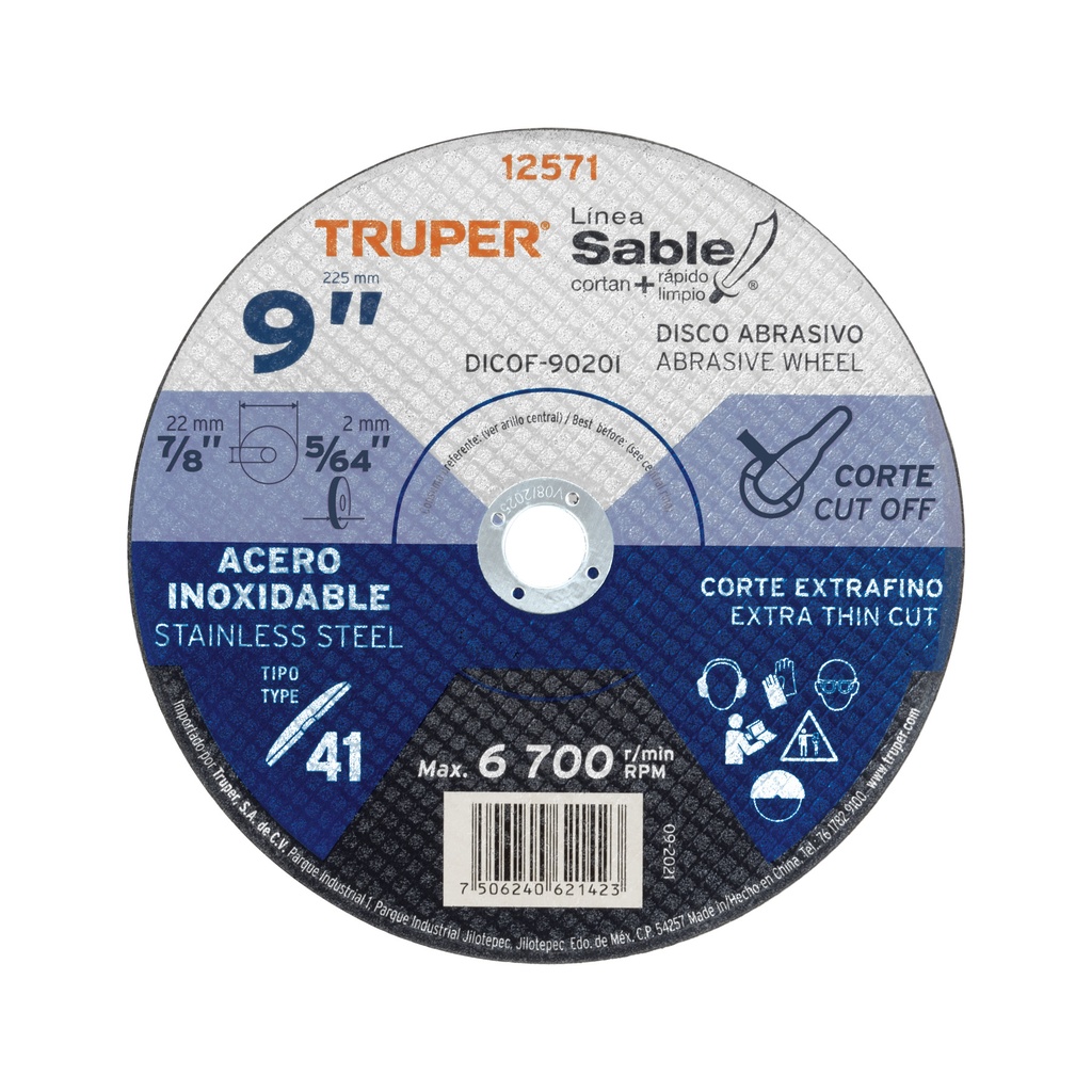 Disco Tipo 41 de 9' x 2 mm corte fino acero inox, Sable