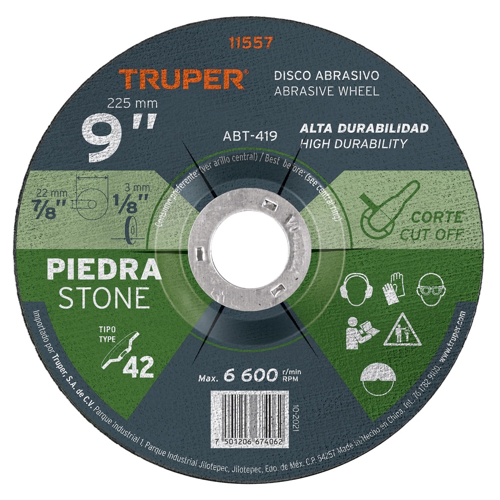 Disco Tipo 42 de 9' x 3.2 mm para corte de piedra, Truper - Pag 145