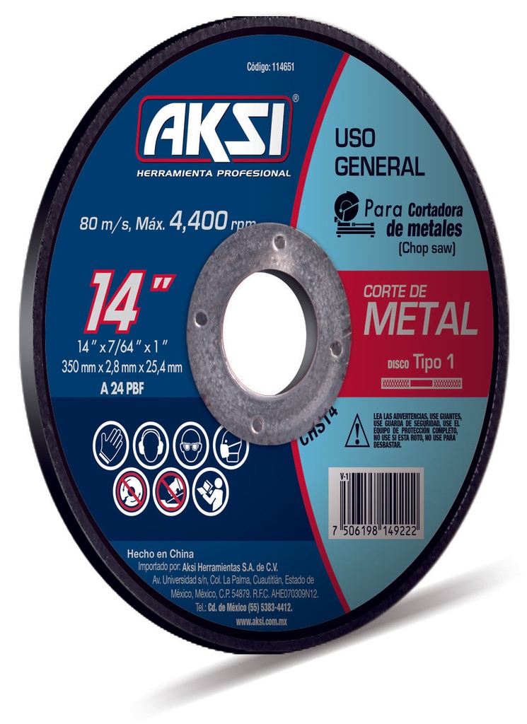 Disco corte de metal 14"" Chop saw, tipo 1 - Uso General