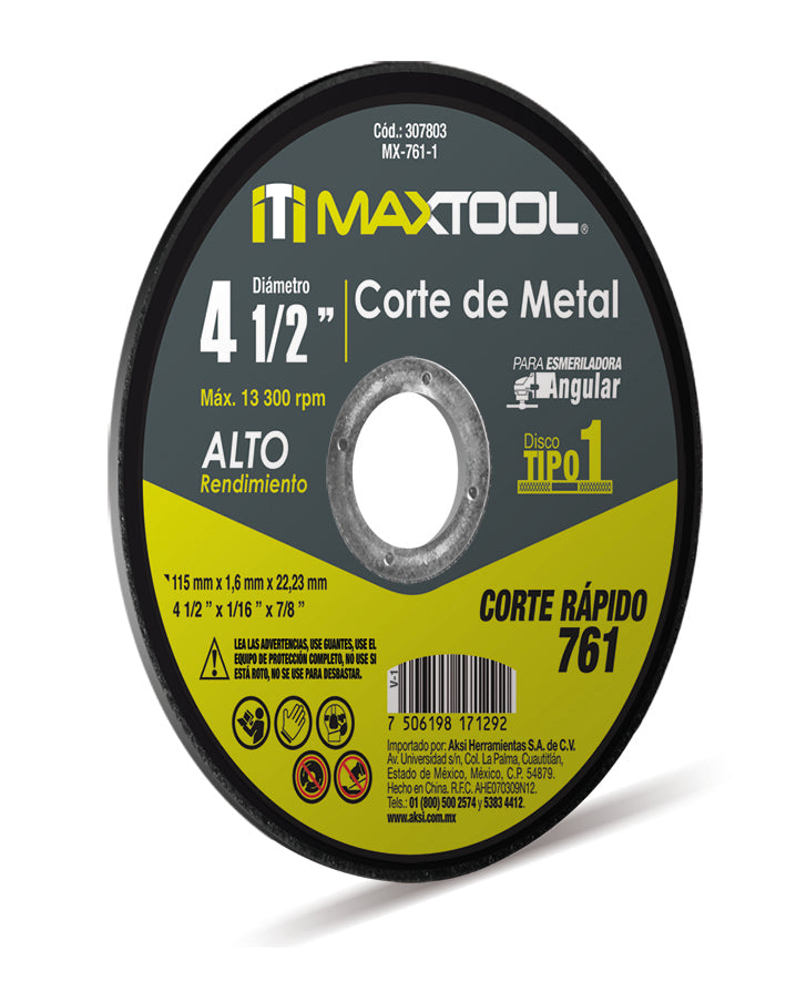 Disco corte de metal 4 1/2" x 1.6mm, TIPO 1 Maxtool