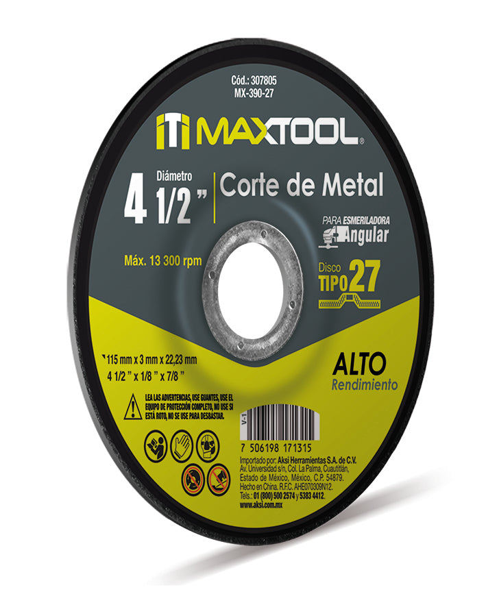 Disco corte de metal 4 1/2" x 3mm, TIPO 27 Maxtool