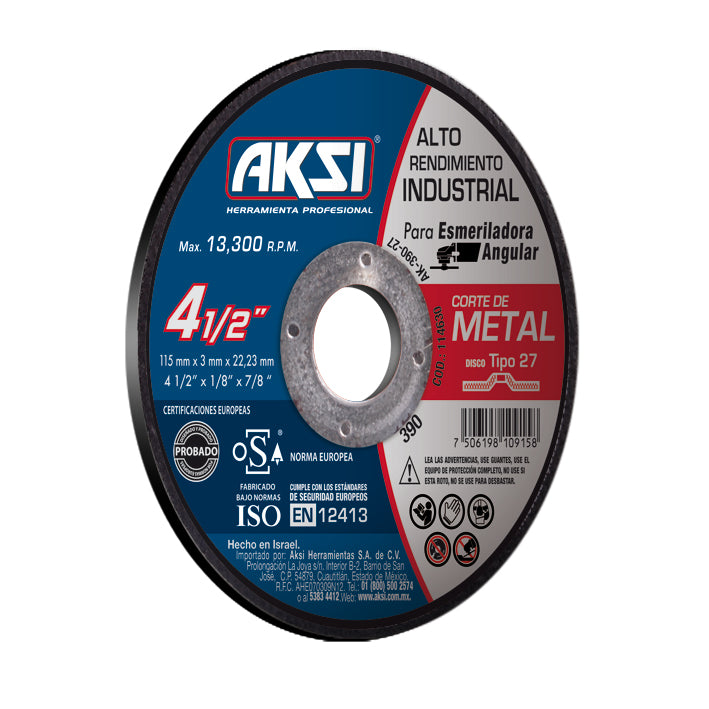 Disco corte de metal 4 1/2" x 3mm, tipo 27- Alto Rendimiento