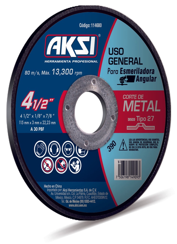 Disco corte de metal 4 1/2"" x 3mm, tipo 27 - Uso General