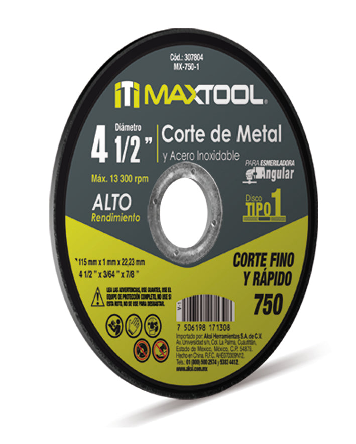 Disco corte de metal y acero inox 4 1/2" x 1mm, TIPO 1 Maxtool