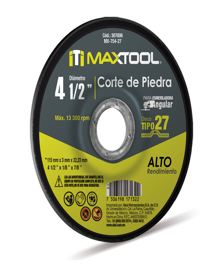 Disco corte de piedra 4 1/2" x 3mm, TIPO 27 Maxtool