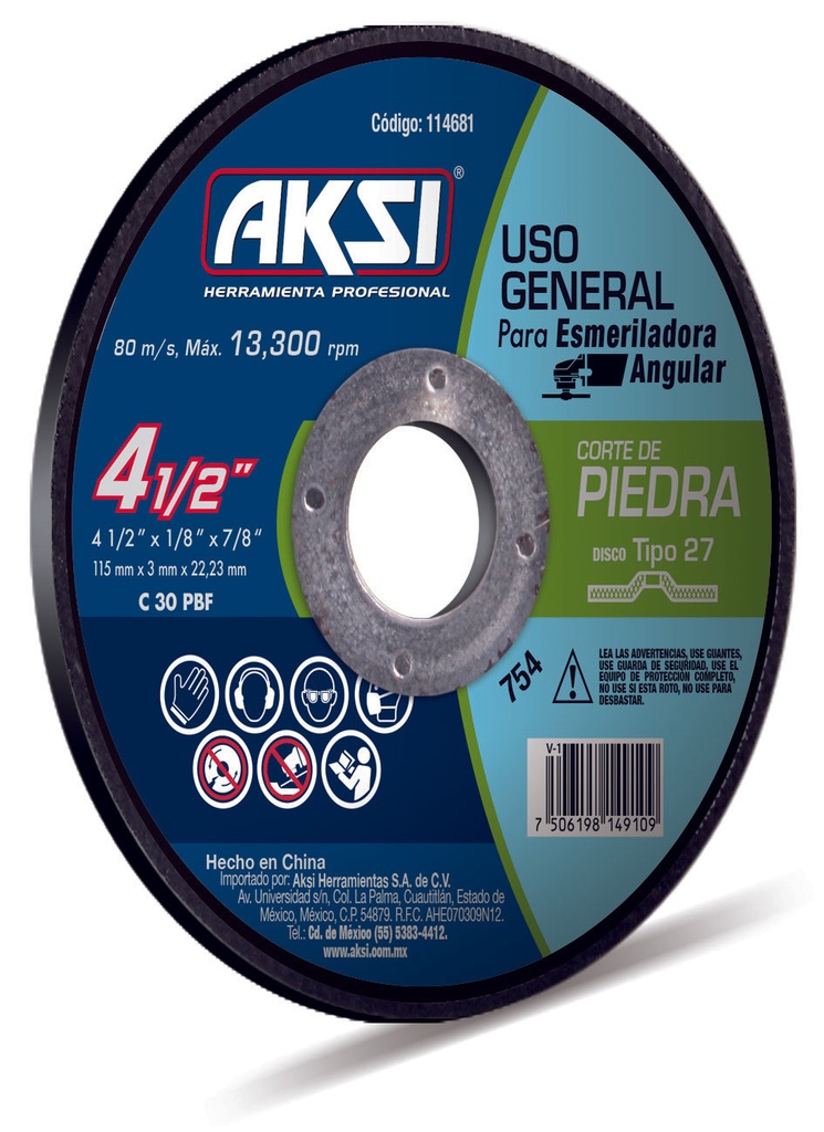 Disco corte de piedra 4 1/2"" x 3mm, tipo 27 - Uso General