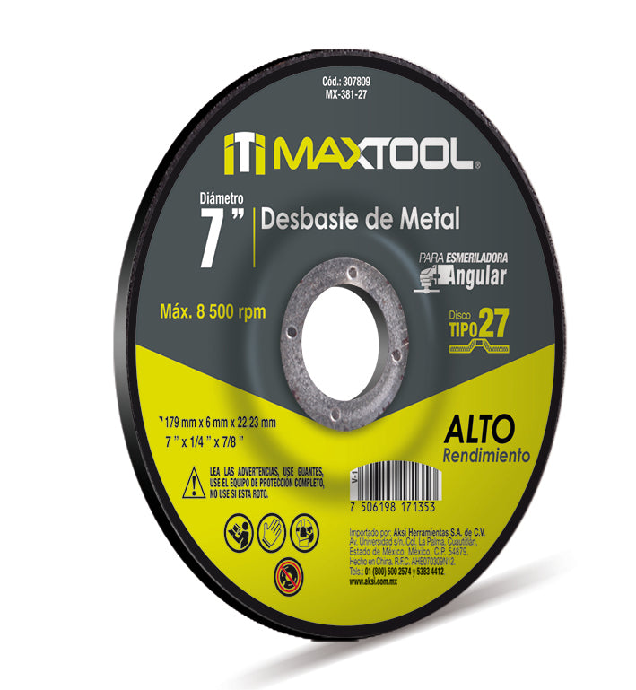 Disco corte y desbaste de metal de 7" x 4mm, TIPO 27 Maxtool