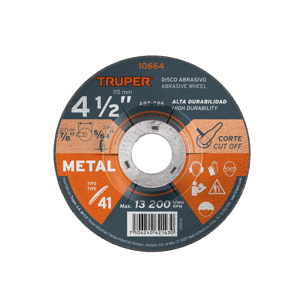 [T10664] Disco de 4-1/2' para corte de metal, tipo 41, Truper