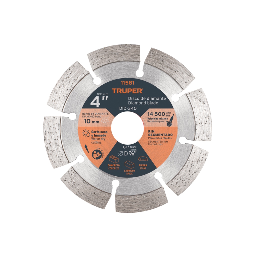 [T11581] Disco de diamante de 4' x 2.1 mm rin segmentado, Truper