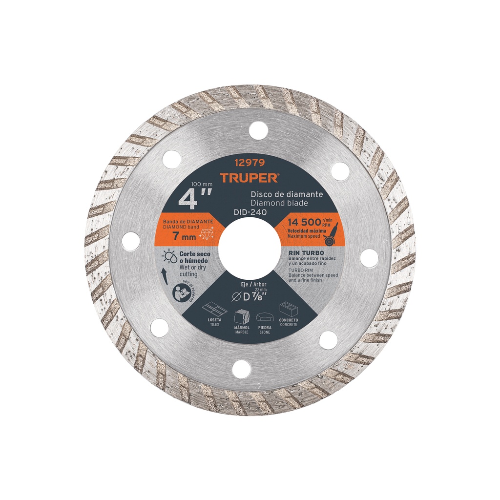 [T12979] Disco de diamante de 4' x 2.2 mm rin turbo, Truper