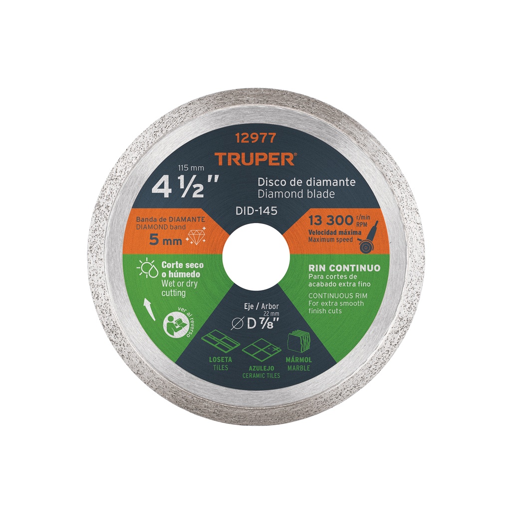 [T12977] Disco de diamante de 4-1/2' x 1.6 mm rin continuo, Truper