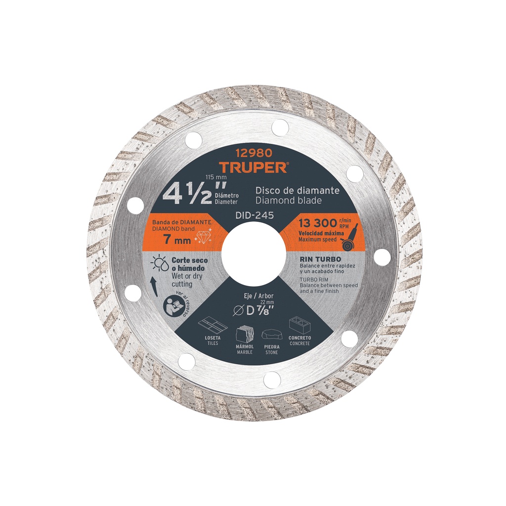 Disco de diamante de 4-1/2' x 2.2 mm rin turbo, Truper - Pag 140