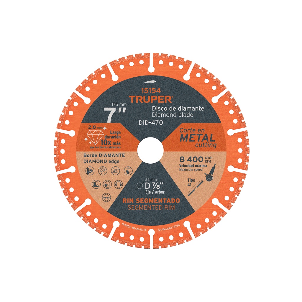 Disco de diamante de 7' x 1.6 mm para corte metal, Truper - Pag 144