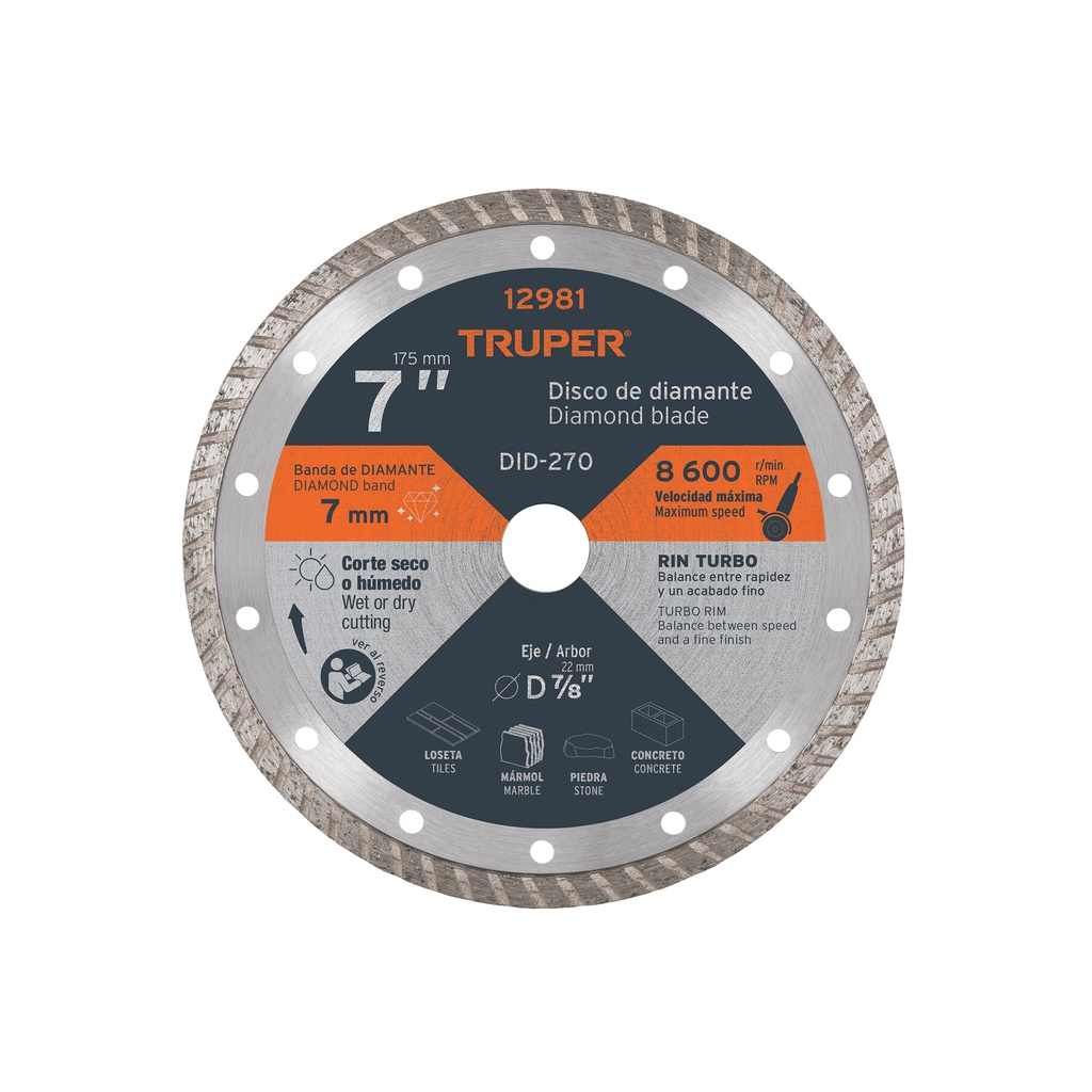 [T12981] Disco de diamante de 7' x 2.8 mm rin turbo, Truper
