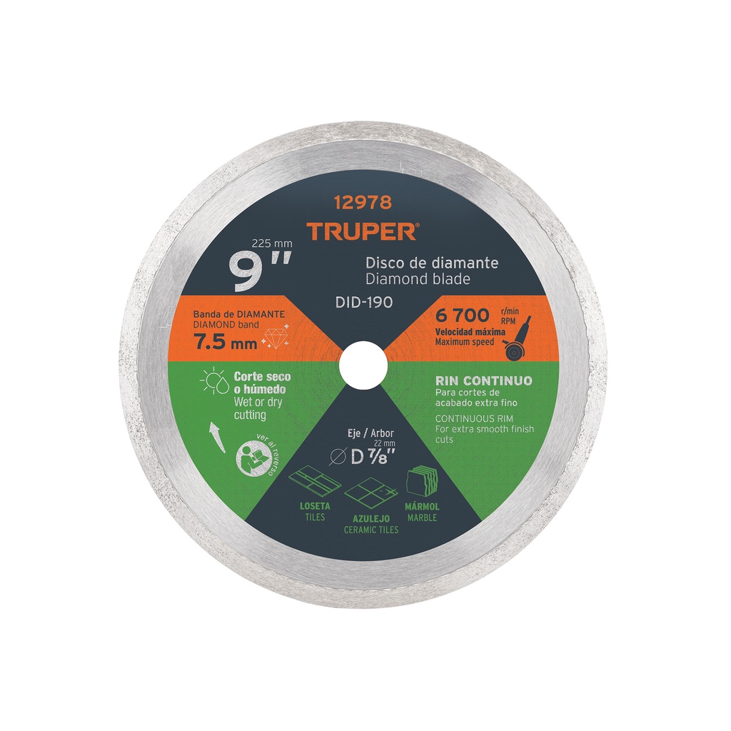 Disco de diamante de 9' x 2.2 mm rin continuo, Truper - Pag 140