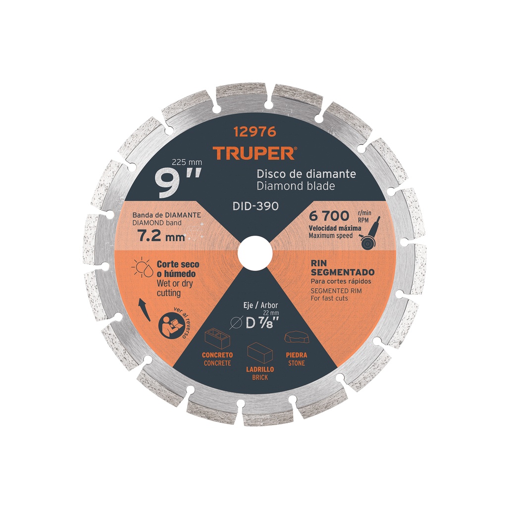 Disco de diamante de 9' x 2.7 mm rin segmentado, Truper - Pag 140
