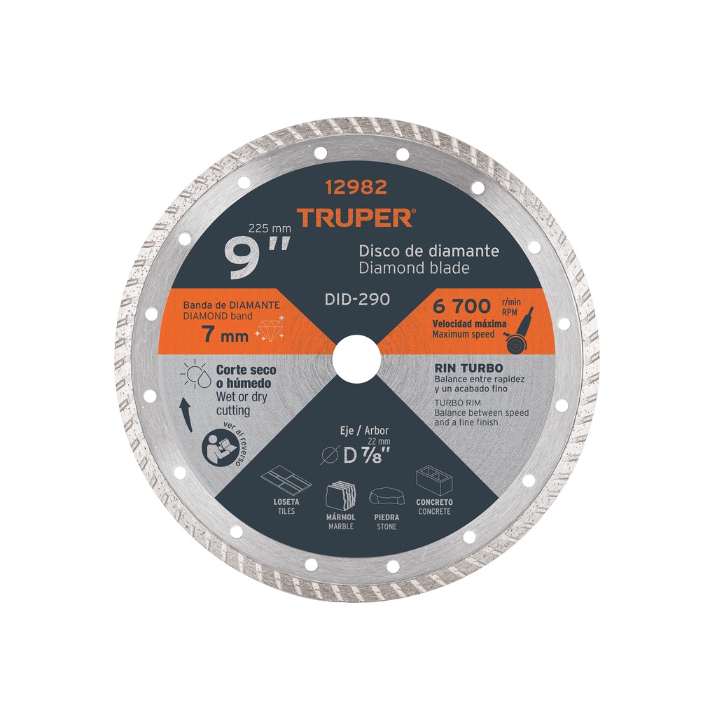 Disco de diamante de 9' x 3 mm rin turbo, Truper