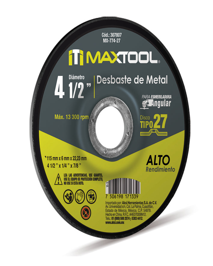 Disco desbaste de metal 4 1/2" x 6mm, TIPO 27 Maxtool