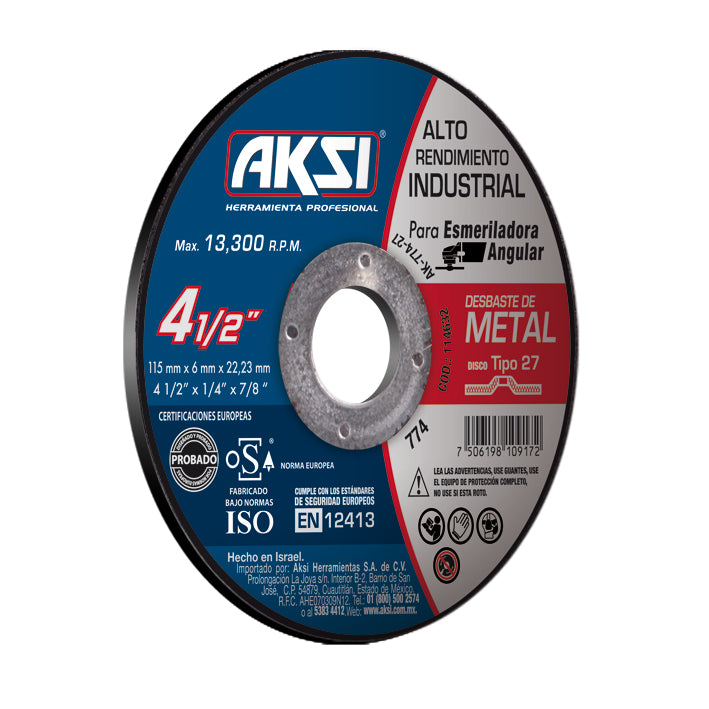 Disco desbaste de metal 4 1/2" x 6mm, tipo 27- Alto Rendimiento