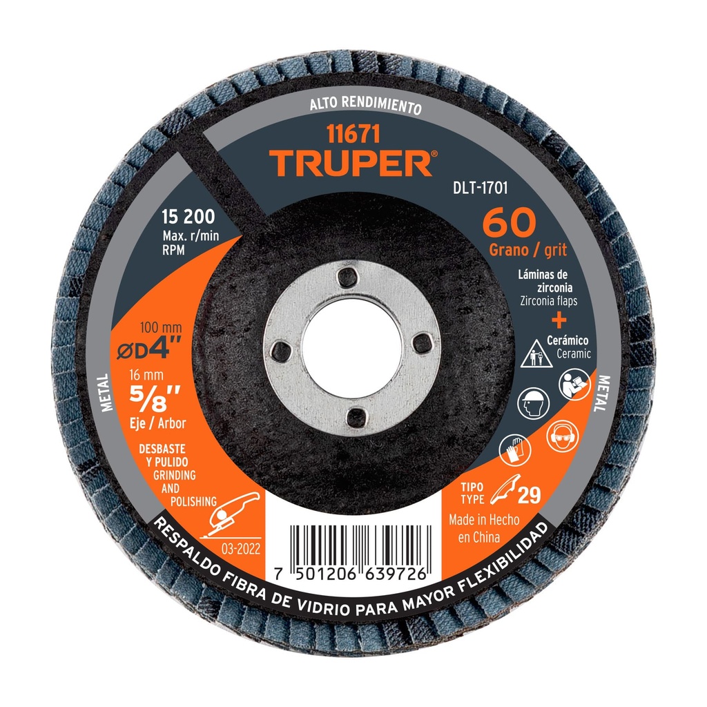 Disco laminado 4', grano 60 centro 5/8', Truper - Pag 146