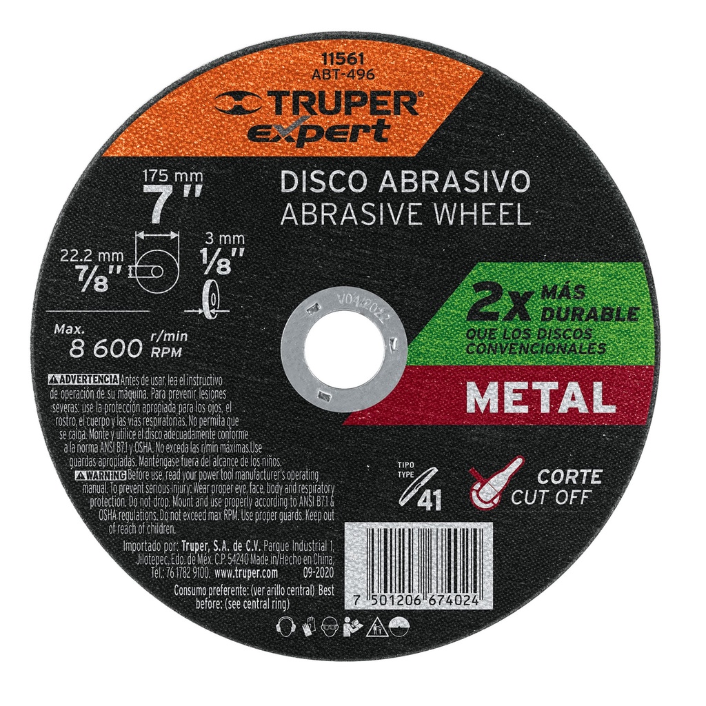 Disco para corte de metal, tipo 41, diámetro 7' Expert